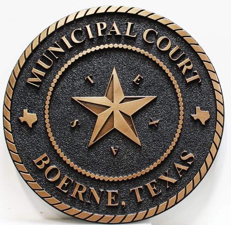 HP-1212.- Carved and Sandblasted 2.5-D Raised Relief Plaque of the Seal of the Municipal Court, Boerne, Texas