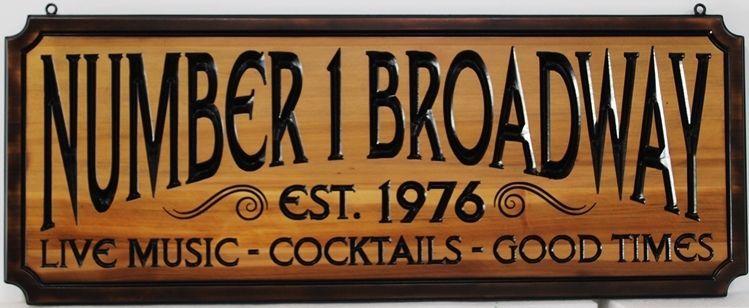 RB27132 - Engraved Cedar Sign for "Number 1 Broadway "  Cocktail Lounge