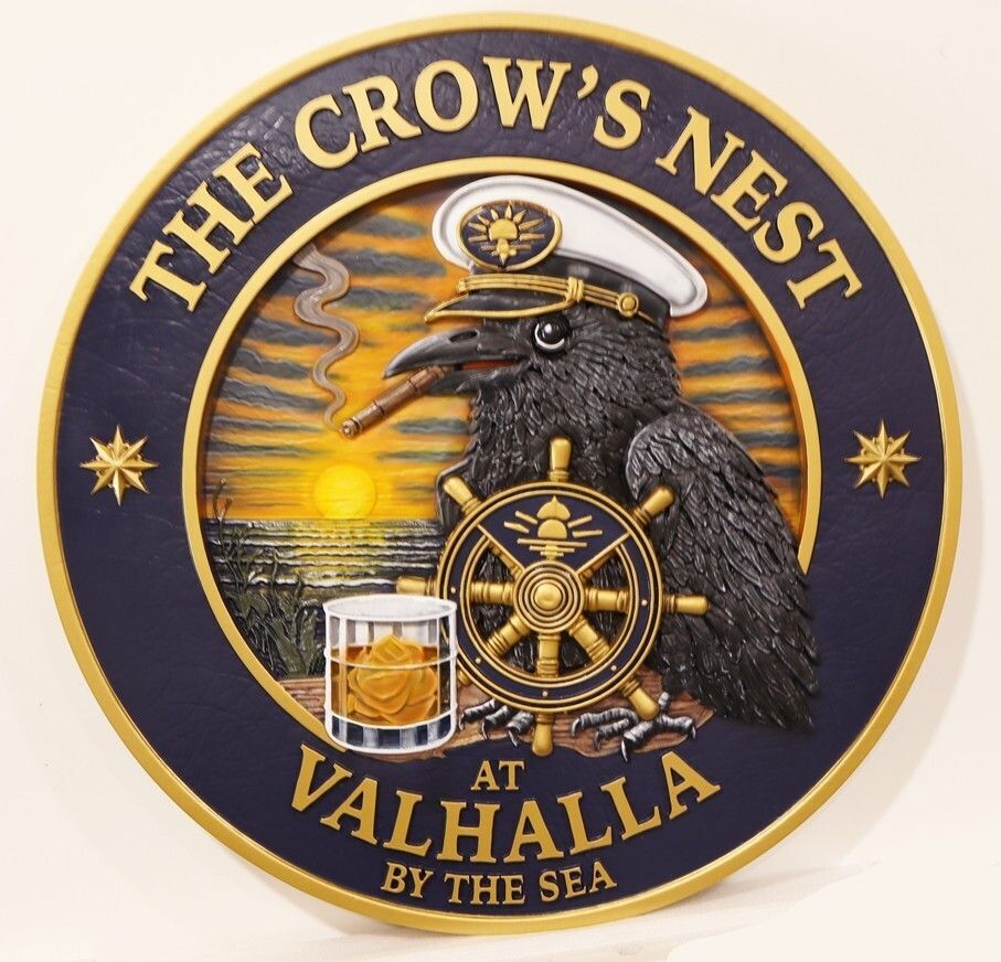 UP - 3206 - Carved Artist-Painted Crest of a Yacht Club "The Crow's Nest" at Valhalla By the Sea,  featuring Captain Crow at a Ship's Wheel