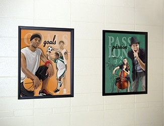 2 images of high school students in activities, sports, singing, custom signs
