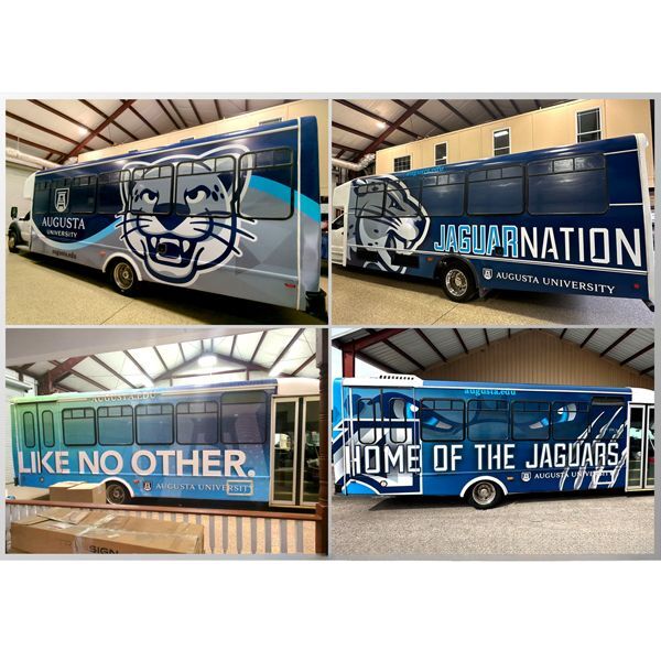 Custom fleet vehicle graphics installed on Augusta University campus buses