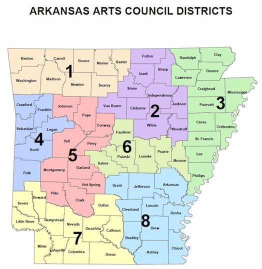 A map of Arkansas detailing the Arkansans Arts Council Districts and the counties they include. There are 8 Districts. 