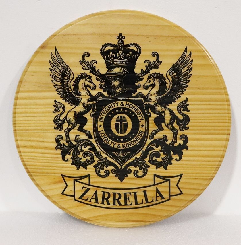 XP-3305 - Engraved White Oak Plaque of the Coat-of-Arms for the Zarrella Family