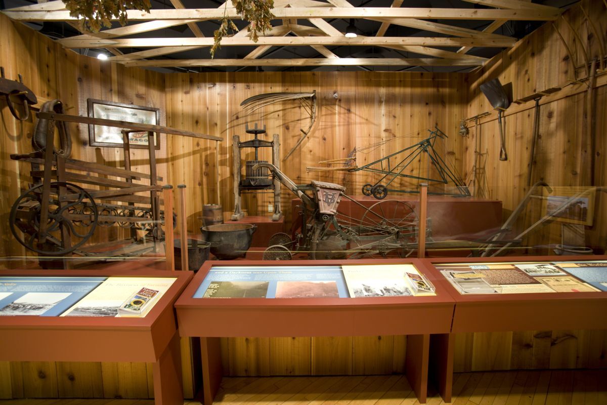 Display of Agricultural implements at the Smoky Hill Museum.