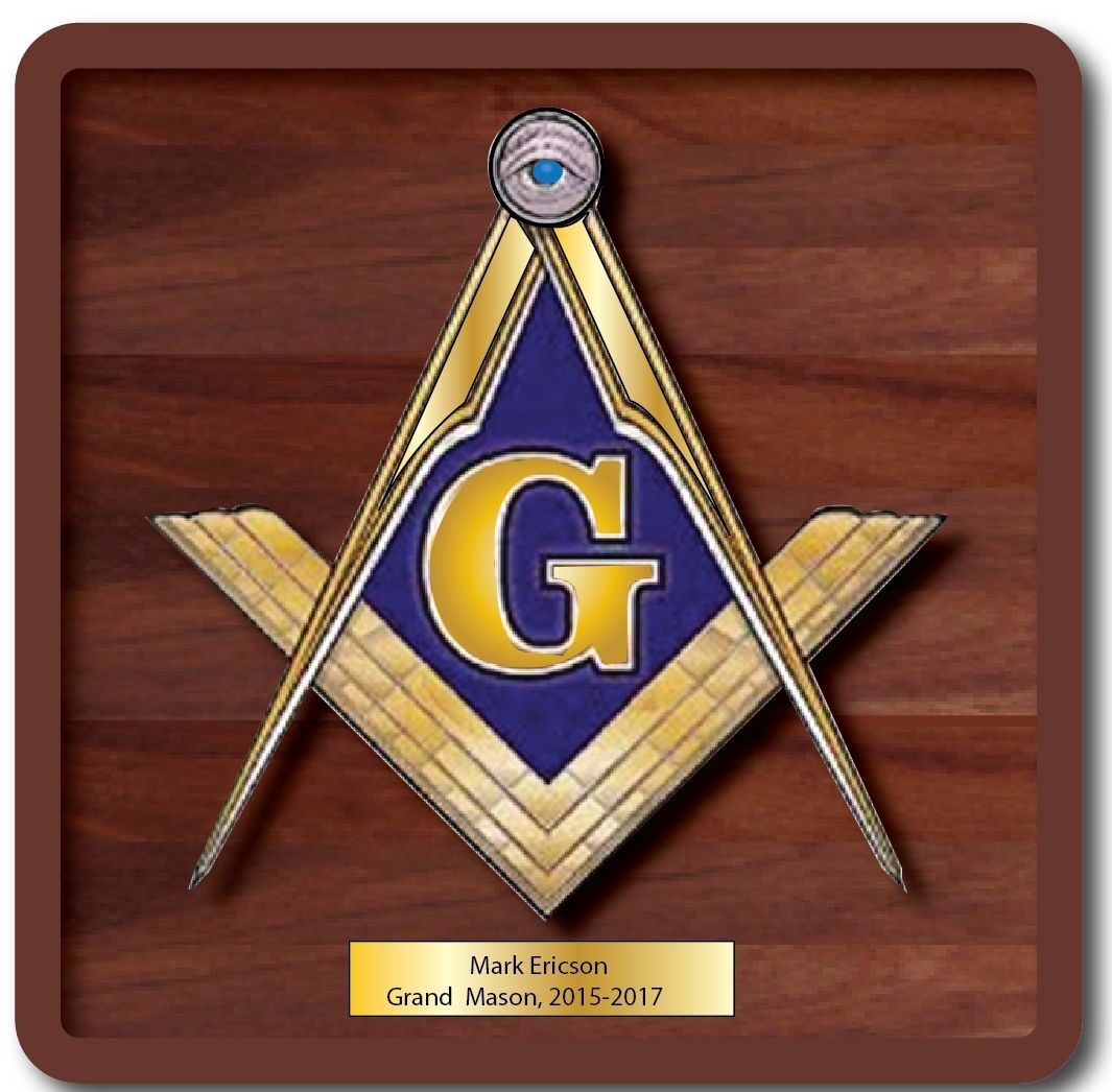 UP-2020 - Carved Wall Plaque of the Emblem of Masons, Personalized, Brass Plated on Mahogany Wood