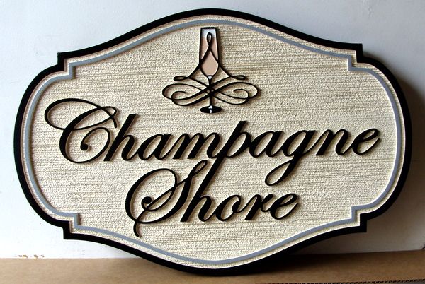 L21933 - Sandblasted HDU Sign for Seashore Residence "Champagne Shore" with Champagne Glass