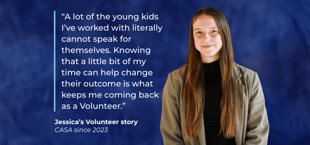 Young woman against blue background with testimonial: "Knowing that a little bit of my time can help change their outcome is what keeps me coming back as a Volunteer.”