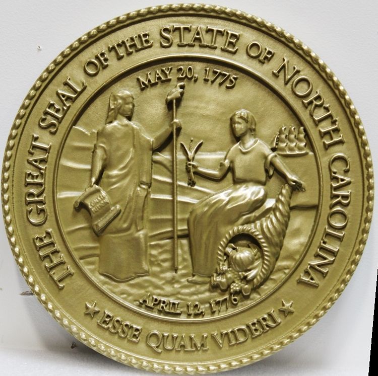 BP-1404 - Carved 3-D Brass-Plated HDU Plaque of the Great Seal of the State of North Carolina 