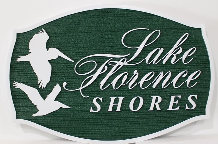 K20399 - Carved and Sandlblasted Wood Grain High-Density-Urethane (HDU)  Entrance Sign for the Lake Florence Shores  Residential Community, with a Seagull and Pelican as Artwork 