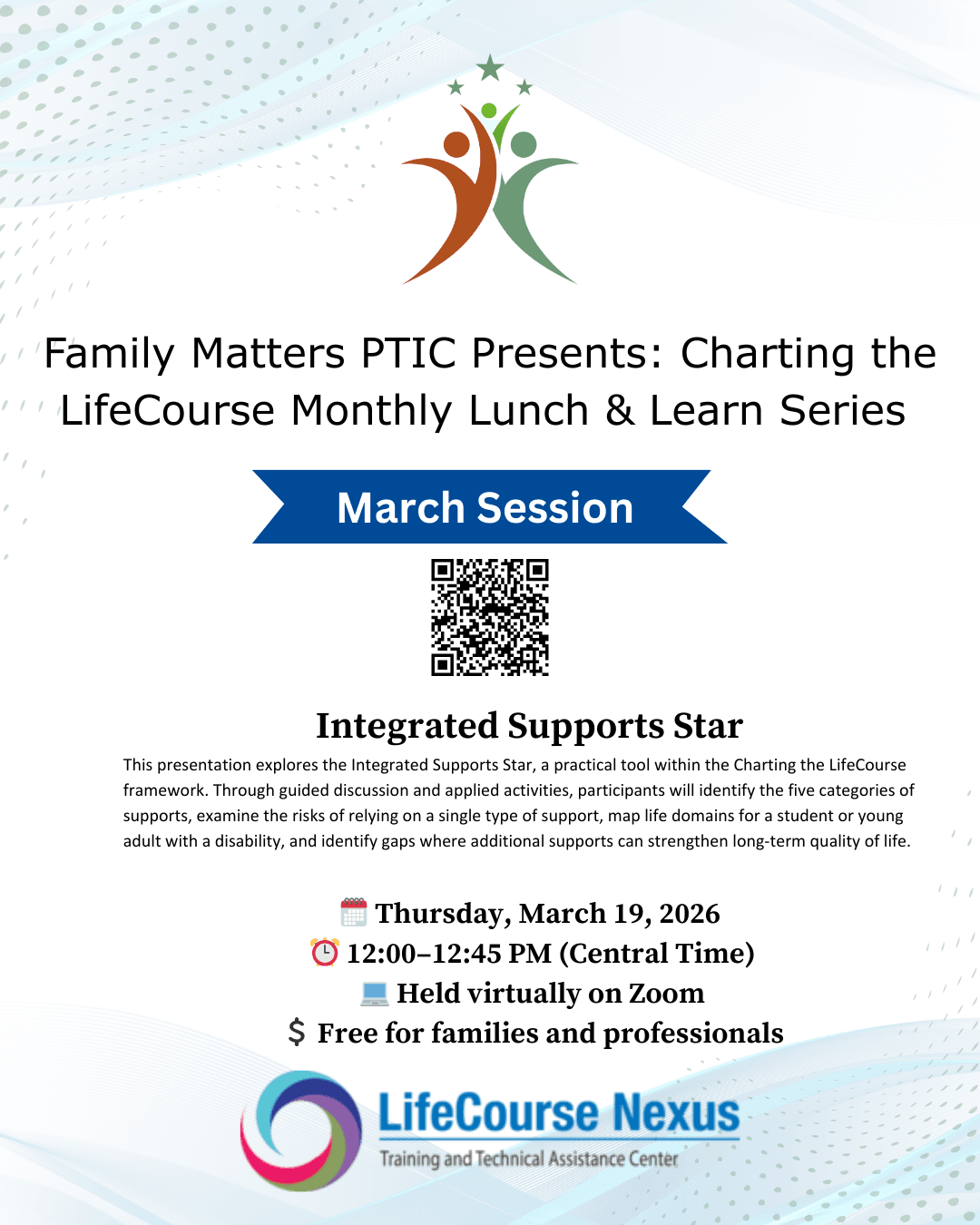 Flyer for “Family Matters PTIC Presents: Charting the LifeCourse Monthly Lunch & Learn Series – March Session.” Title: “Integrated Supports Star.” Description explains the Integrated Supports Star tool within the Charting the LifeCourse framework, helping