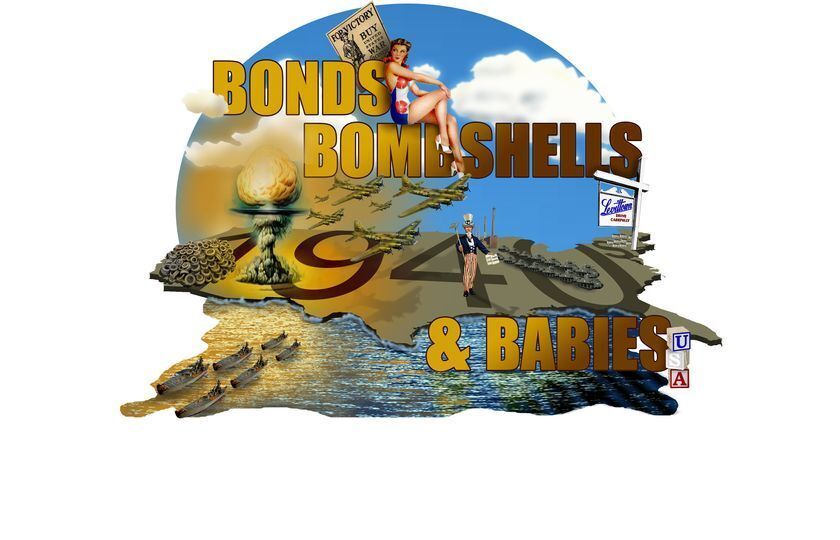 logo for the Smoky Hill Museum exhibit "Bonds, Bombshells and Babies" including drawings of Pearl Harbor, a pin-up girl and toy blocks.