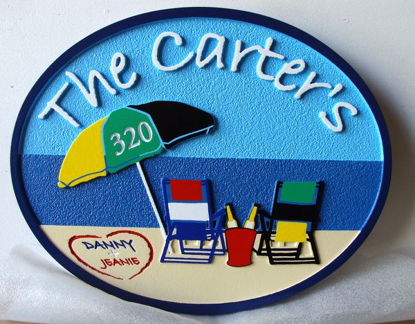 L21016 - Carved Beach House Address Sign, with Umbrella, Beach,and Two Chairs 