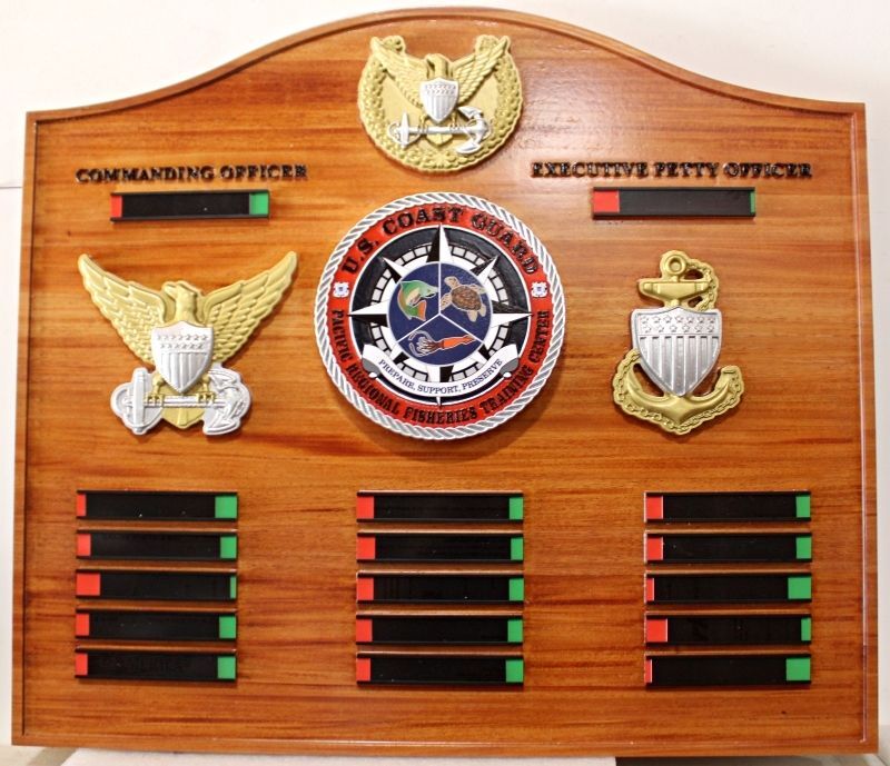 SA1407 - U.S. Coast Guard Pacific Regional Fisheries Training Center Watchstander Status Board, Carved Wood with Color-Indicator Nameplates