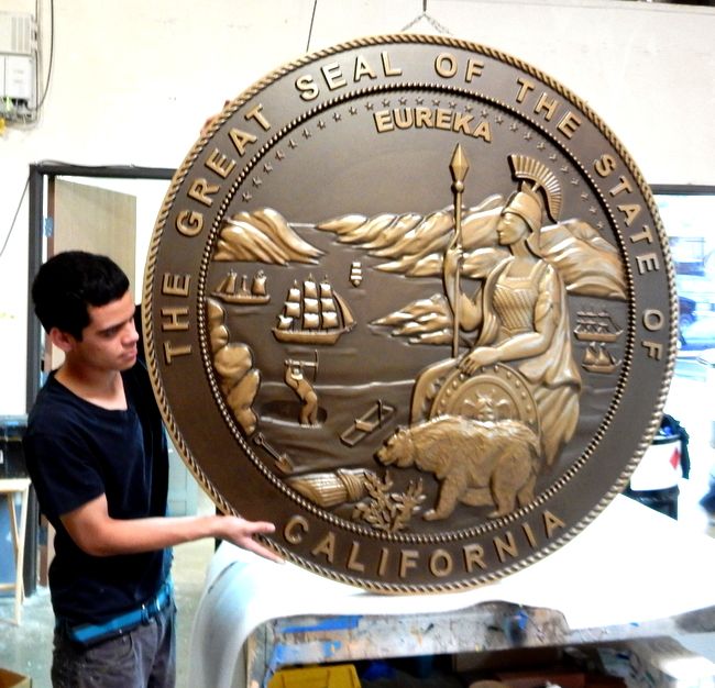 W32031 - Large Carved 3-D Bas-Relief Bronze-plated Wall Plaque of the Great Seal of California.