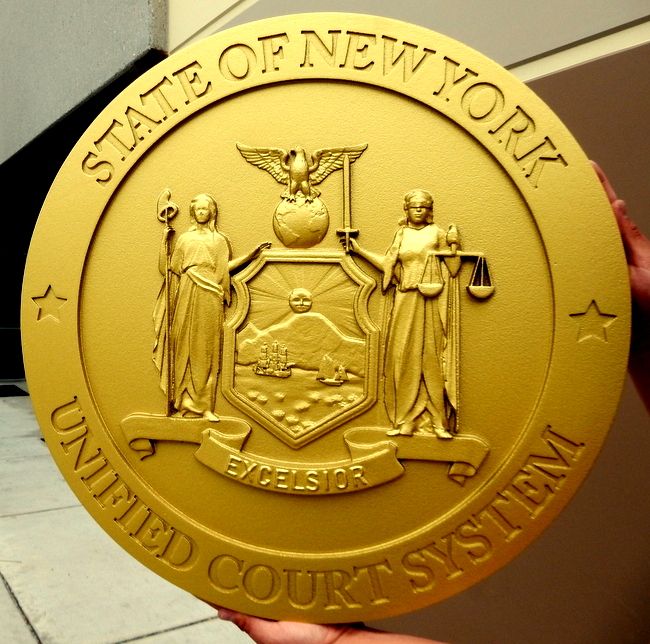 M7416 -  Gold-painted Carved 3D HDU plaque was made for the State of New York's Unified Court System,