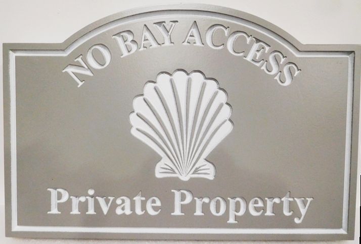 L21532 - Carved HDU  Coastal "No Bay Access" Sign, 2.5-D Engraved, Artist-Painted with Seashell as Artwork 