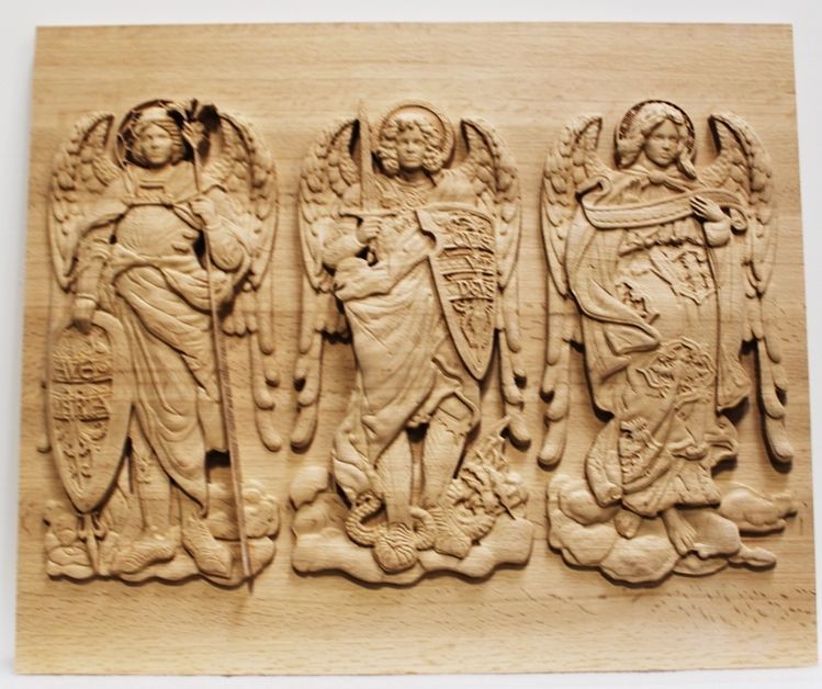 D13292 - Carved 3-D Maple Wood Plaque, with  Three Angels of the Christian Church