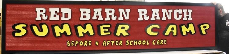 G16305 - Large Carved and Sandblastred Wood Grain HDU  Entrance Sign for the Red Barn Ranch Summer Camp