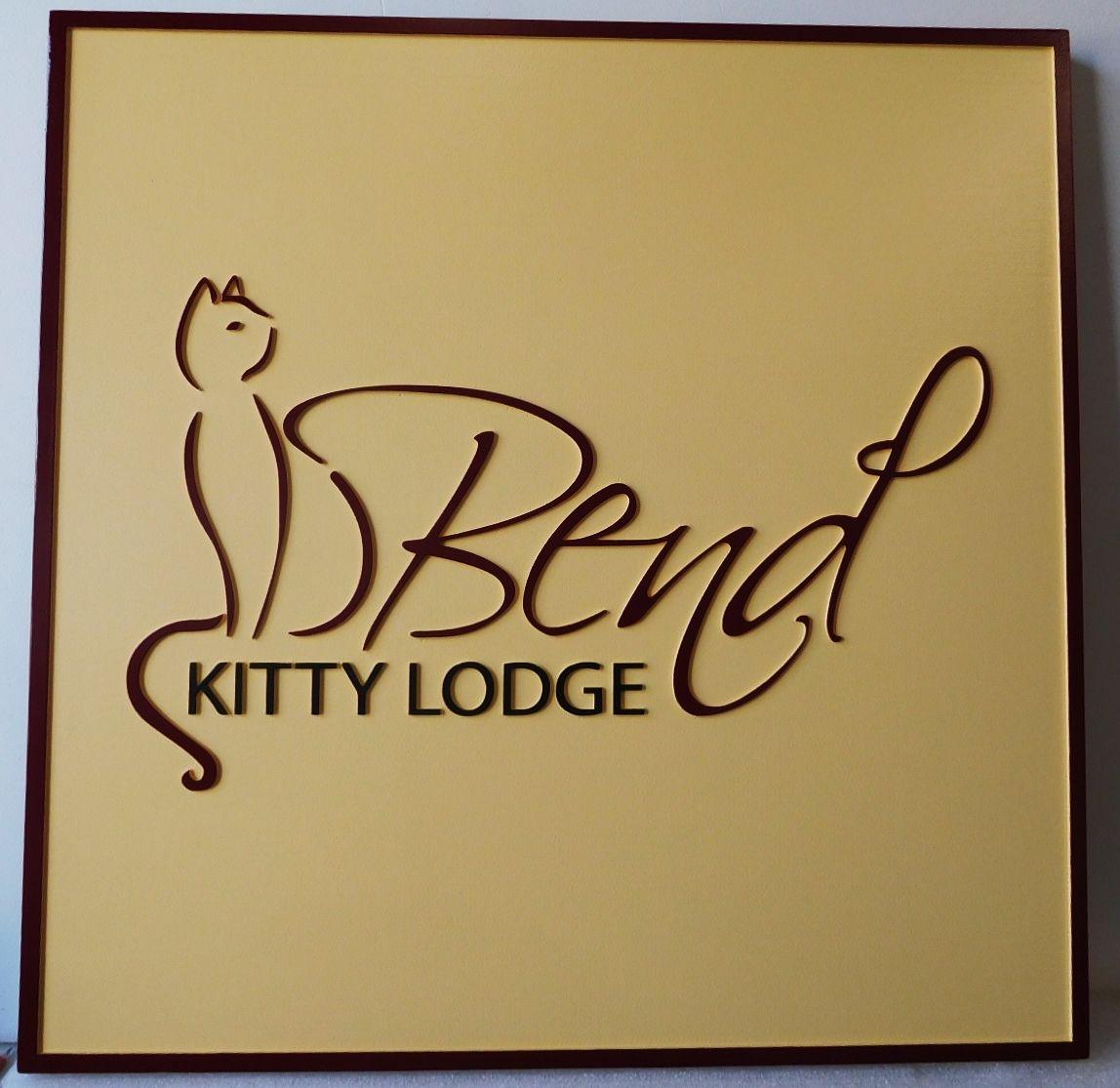 T29163 - Carved Sign  for the "Kitty Lodge", 2.5-D Artist-Painted with Elegant Kitty Logo as Artwork 