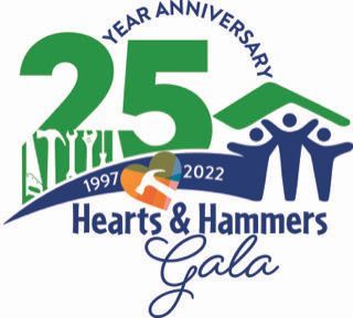 2022 Hearts & Hammers Gala Logo in blue and green showing "25 Year Anniversary"