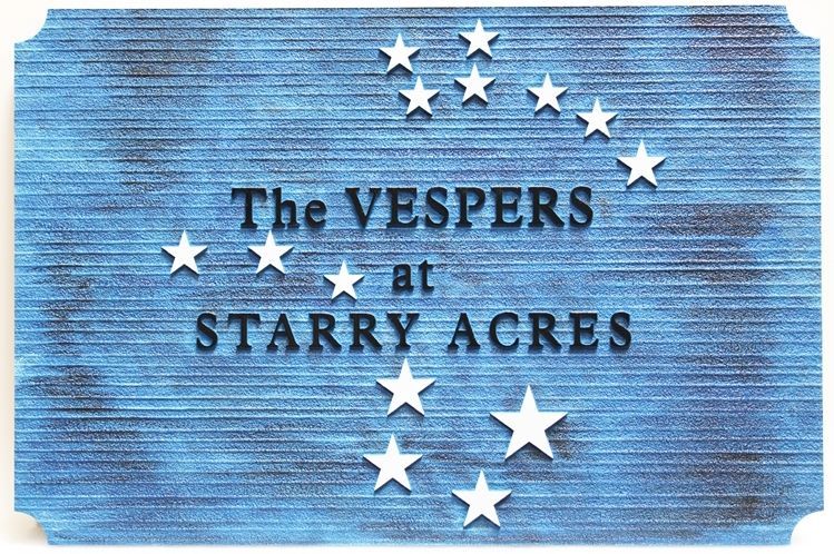 I18773 - Carved and Sandblasted Wood Grain High-Density-Urethane (HDU)  Property Name  Sign "The Vespers at Starry Acres" 