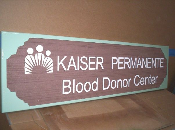 B11212- Kaiser Permanente Wood-look HDU Hanging Sign with Carved Raised Logo for Kaiser Permanente Blood Donor Center