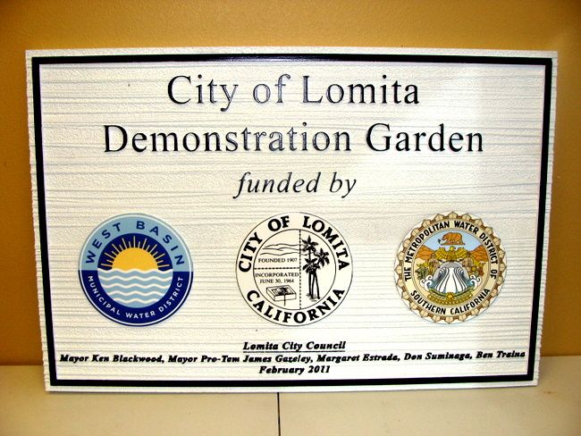 GA16476 - Carved HDU Sign for City of Lomita Demonstration Garden, Metropolitan and Municipal Water Districts