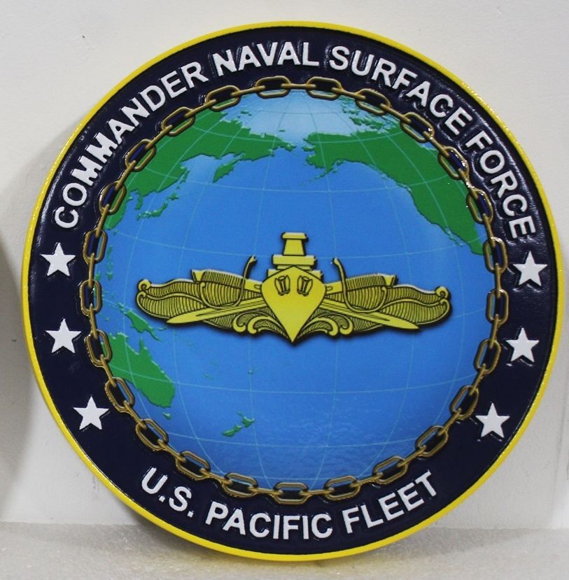 JP-1208 - Carved 2.5-D Multi-Level Artist-Painted Wall Plaque of the Seal of the Commander of Naval Surface Forces , U.S.  Pacific Fleet