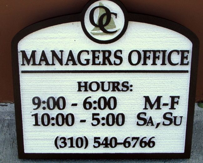 KA20570 - Carved HDU Sign for Apartment Office Manager with Days, Hours of Operation, Phone Number
