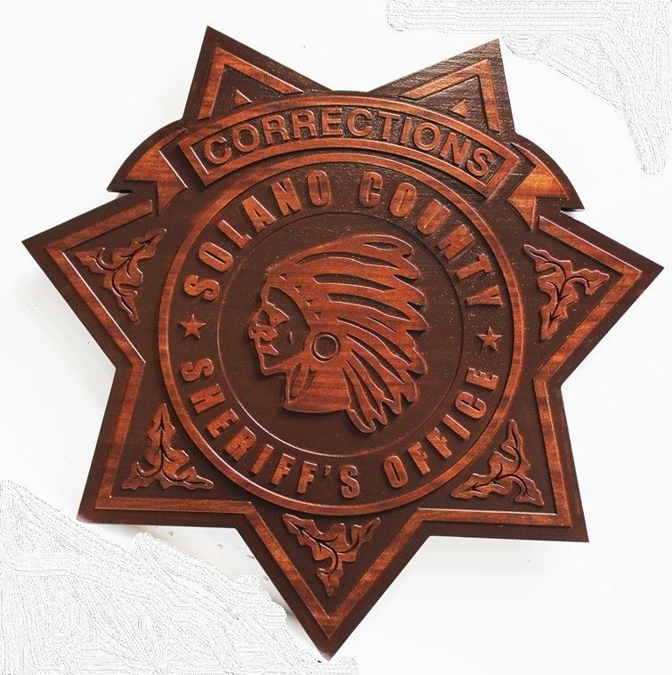 PP-1835 - Carved 2.5-D  Mahogany Plaque of the Badge of a Corrections Officer of the  Solano County Sheriff's Office