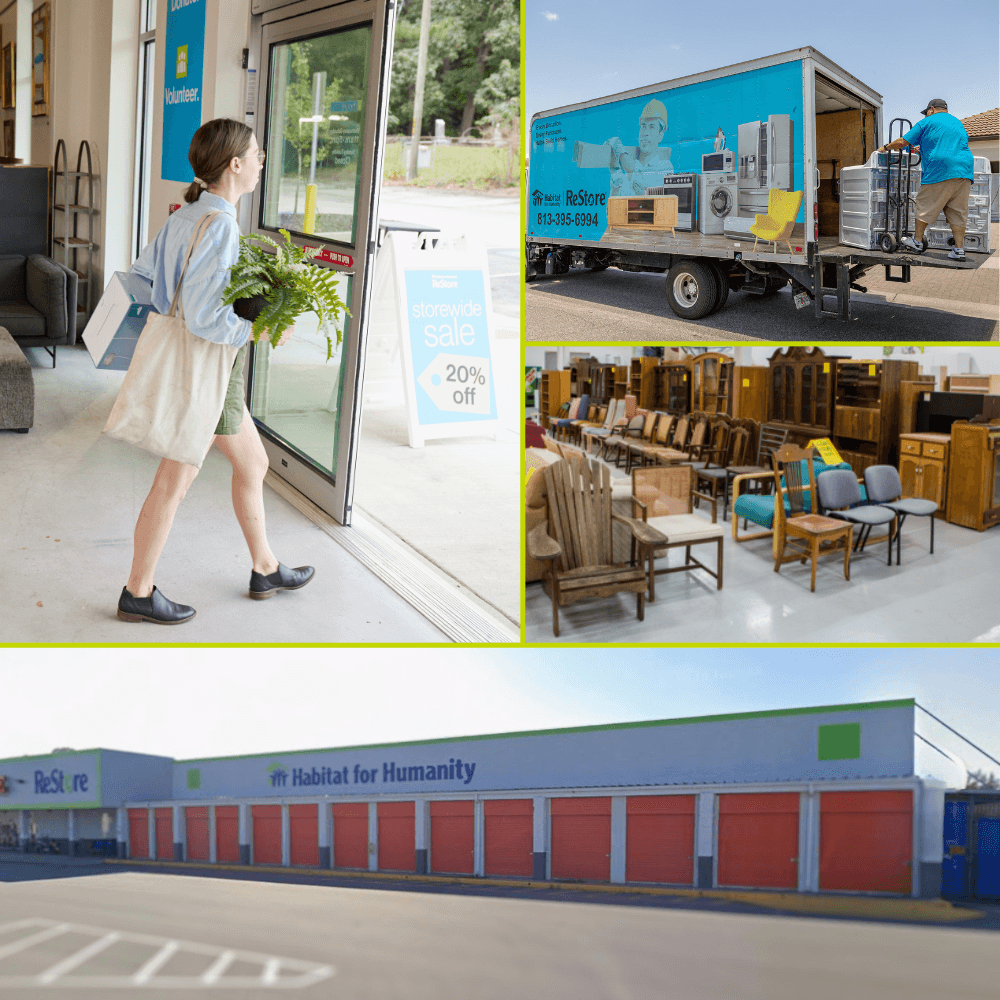 Habitat ReStore volunteer assisting a customer with a donated home decor item at the checkout counter, showing how shopping and donating help build affordable homes in Pasco County.