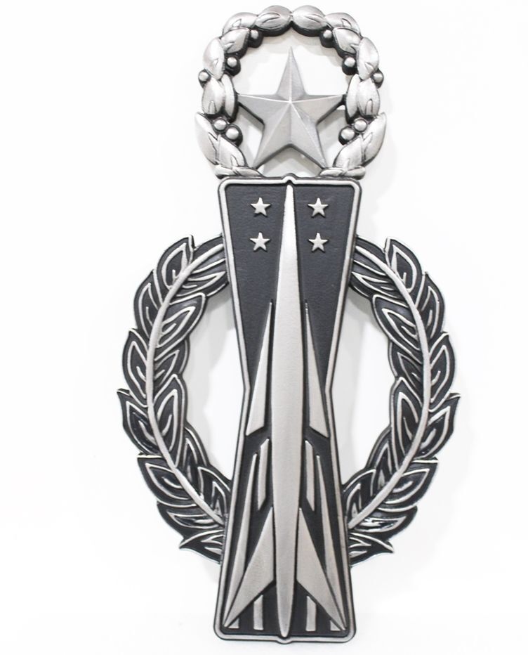 LP-1221 - Carved 3-D Bas-Relief Aluminum-Plated HDU Plaque of an Insignia  with Missile, Star,and  Wreaths 