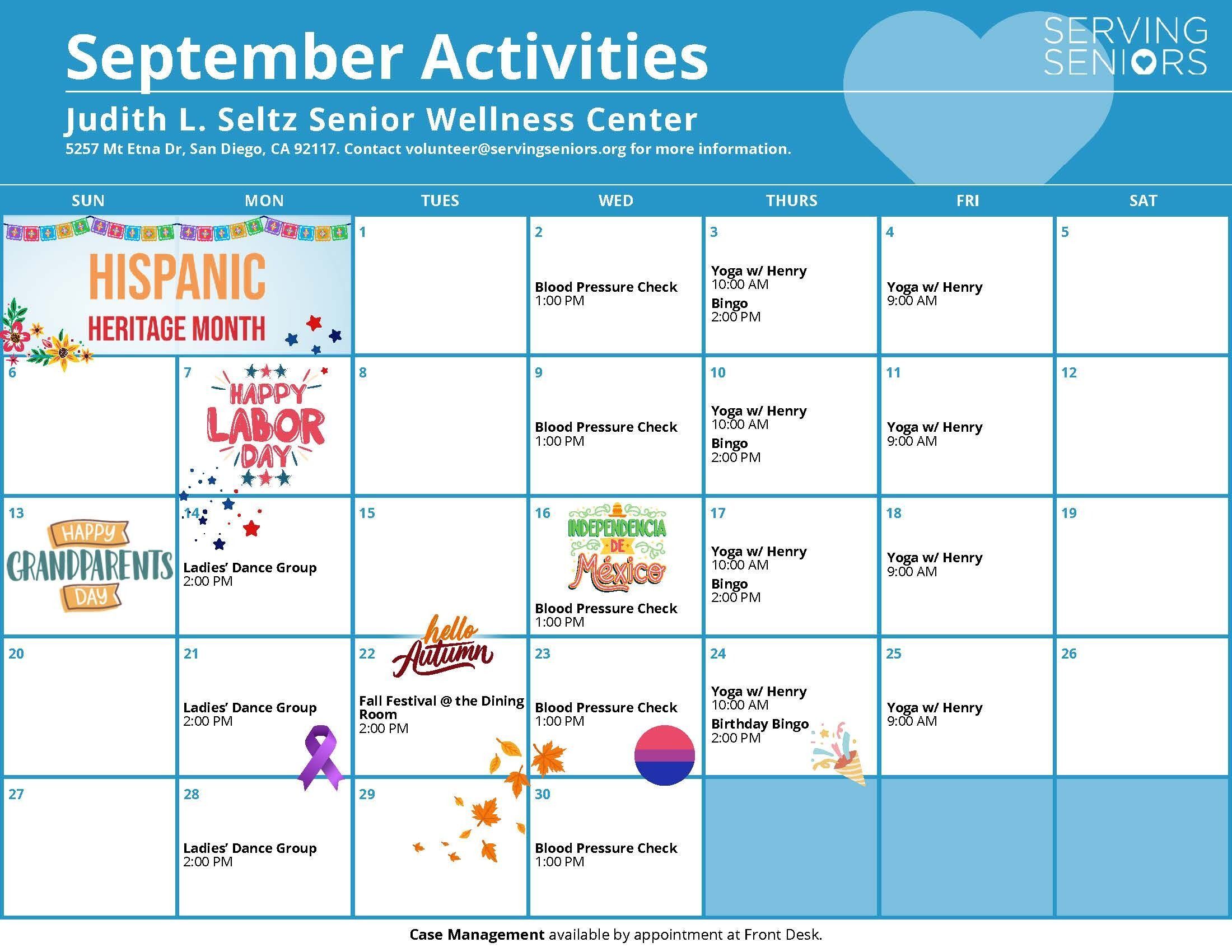 Click to download the Judith L. Seltz Senior Wellness Center September 2026 Activities Calendar