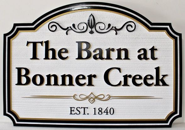 P25028 - Carved and Sandblasted HDU Sign for "The Barn at Bonner Creek Est. 1840"
