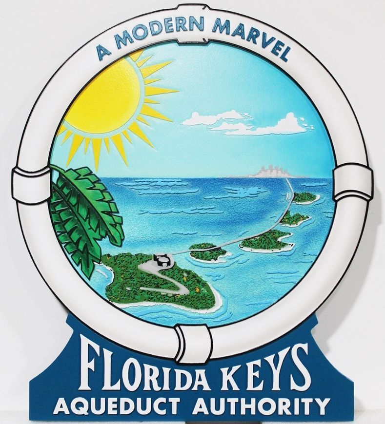 L21922 - Carved Artist-painted Government Identification and Information Sign, "Florida Keys Aqueduct Authority - A Modern Miracle” , features an Illustration of the Aqueduct that Carries Water from the Florida Mainland to the Florida Keys 