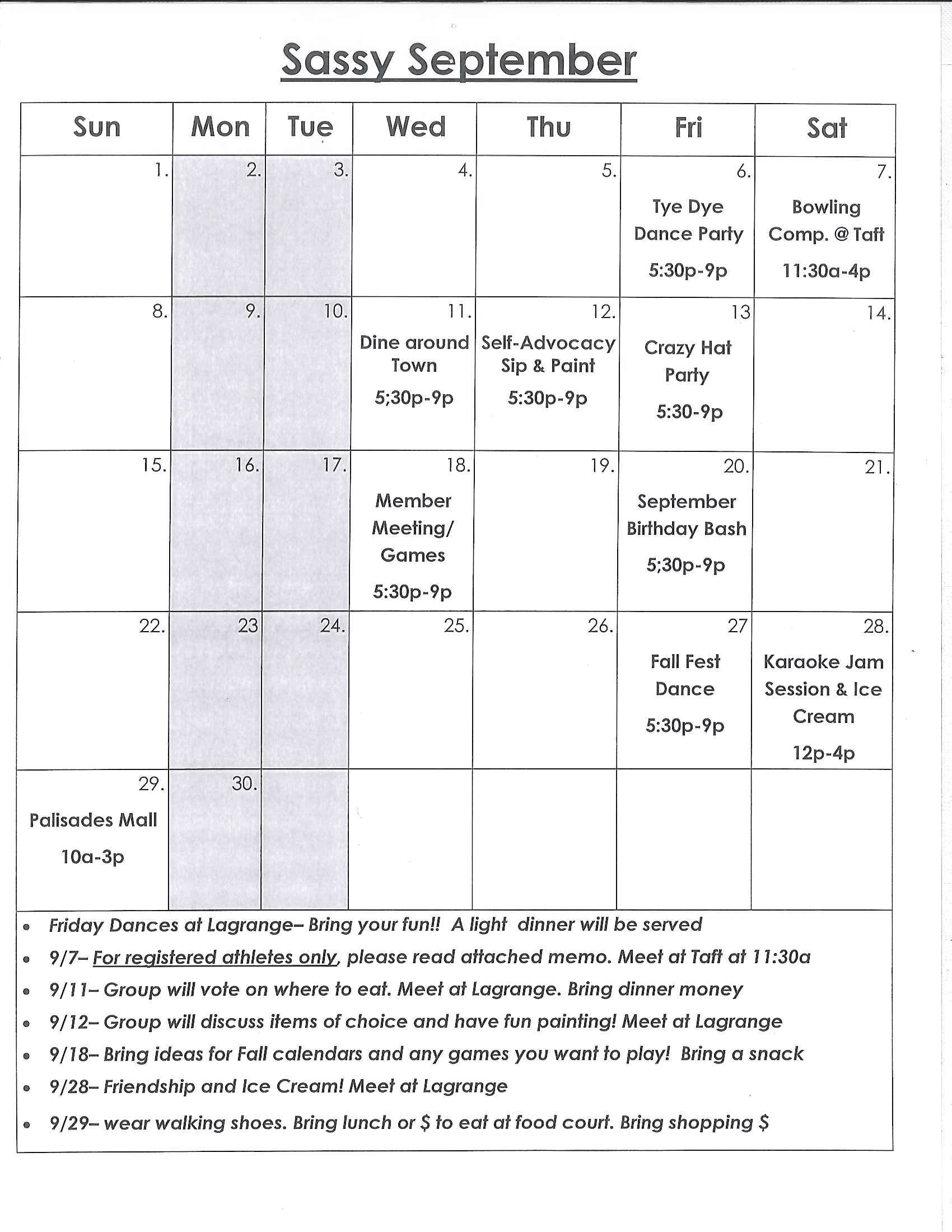 Rec & Teen Club Calendar