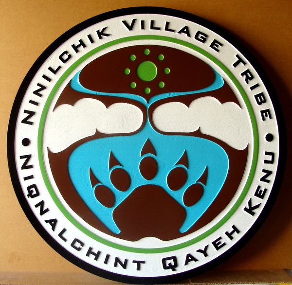M22877 - Carved HDU Native American "Ninilchik" Village Tribe Sign, with Bear Paw