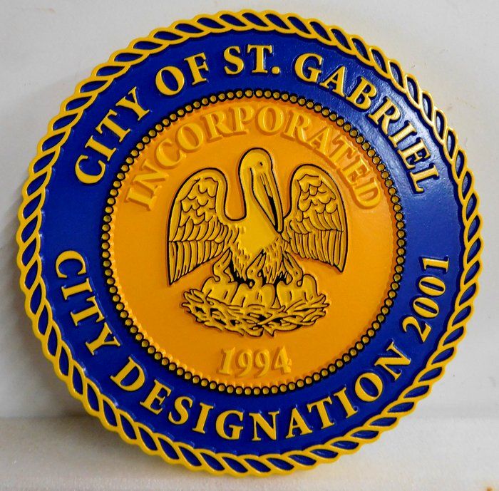 X33146 - Carved 2.5-D Outline Relief Wall Plaque of the Seal of the City of St.Gabriel, Louisiana