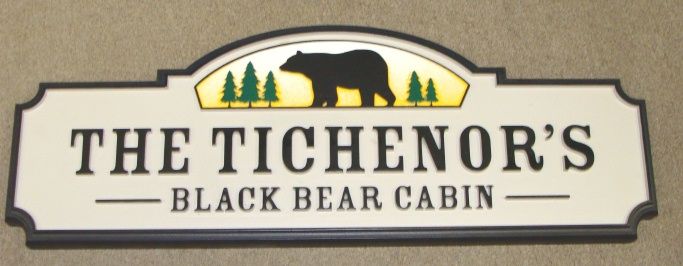 M22868 - Carved HDU Address Sign for "Black Bear Cabin" with Carved Bear and Pine Trees 