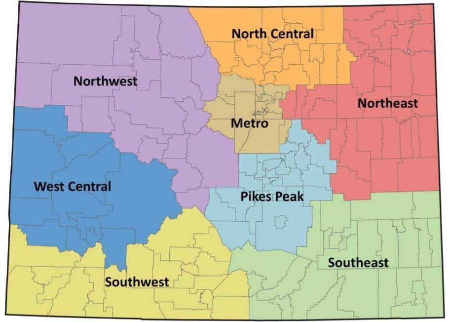 Map of Colorado showing 8 main regions of the state