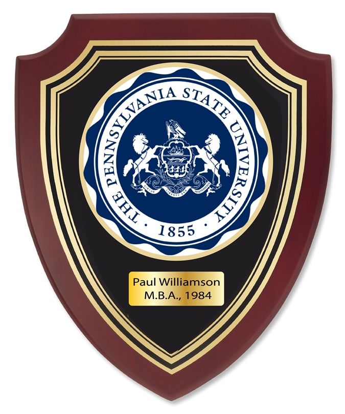 RP-1940- Carved Shield Wall Plaque of  the Seal of Pennsylvania State University, Artist Painted on Mahogany Wood, Brass Nameplate 