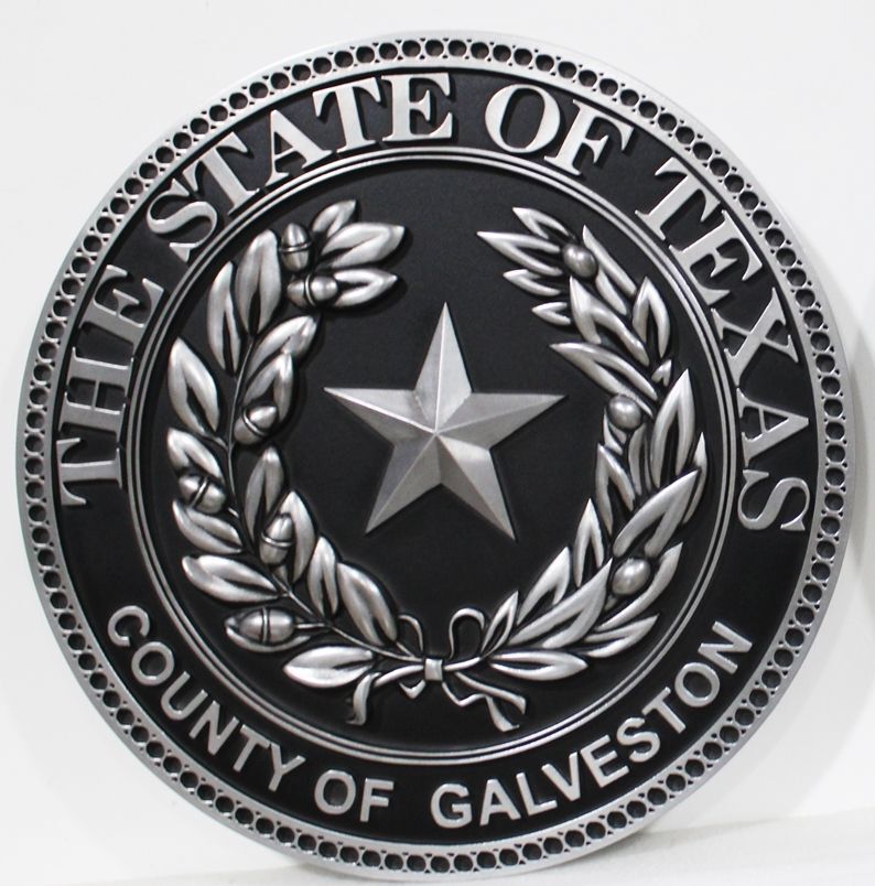 CP-1228 - Carved 3-D Bas-relief HDU Plaque of the Seal of the County of Galveston, the State of Texas, Aluminum-Plated