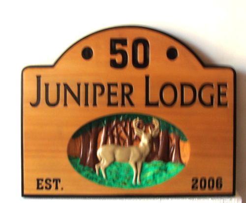 M22616 - Western Red Cedar Cabin Sign with Carved Deer in Forest
