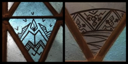 Mystery symbols on the windows of a Memorial Chapel located on the grounds of Lake Junaluska in the western mountains of North Carolina