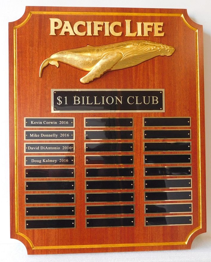 VP-1540 - Carved Perpetual Plaques for Pacific Life Insurance, Personalized, Gold Leaf on Mahogany Wood