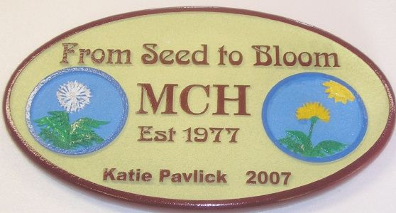 N2300 - Carved (HDU or Wood) Garden Center Sign "From Seed To Bloom" with Carved Framed Flowers