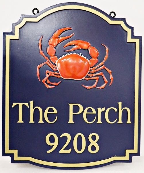 L21559 - Sandblasted HDU Coastal Property Name and Address Sign for "The Perch" with Crab	