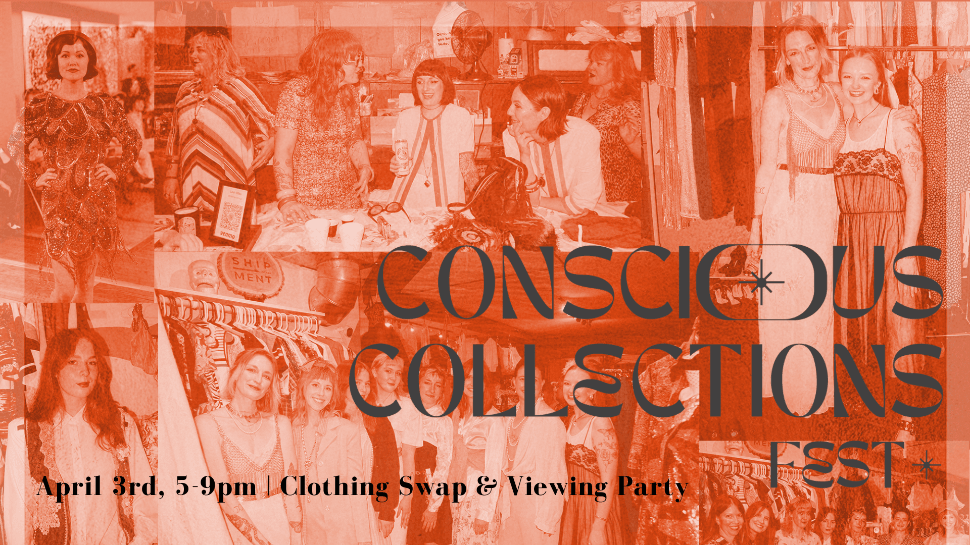 Collage flyer advertising Conscious Collections, April 3rd, at the Joslyn Castle Carriage House