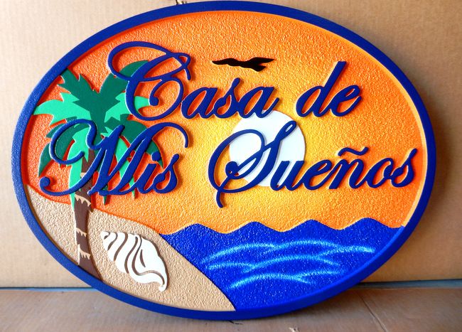 L21210 - Sign for "Casa de Mis Suenos" with Setting Sun,Ocean, Palm Tree, Sand and Shell 