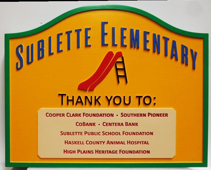 FA15803 - Carved HDU Sponsor Sign for the "Sublette Elementary School", with Children's Slide as Artwork